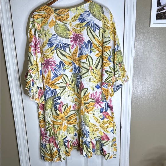 Floral 100% Linen Made in Italy Yellow and Pink Oversized Tunic Dress - Picture 5 of 8